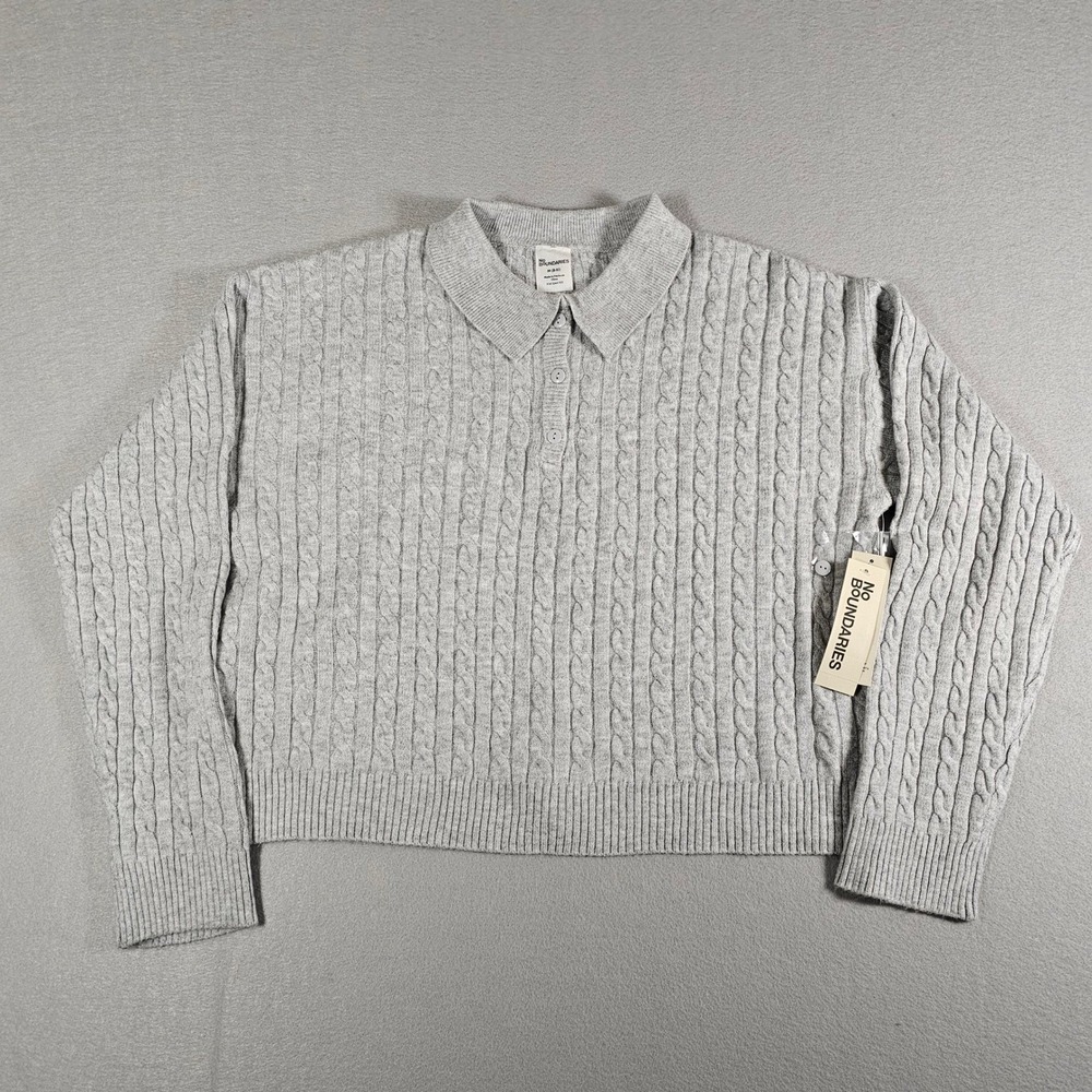 No Boundaries Grey Cable Knit Johnny Collar Pullover Sweater Womens M 8-10 NWT